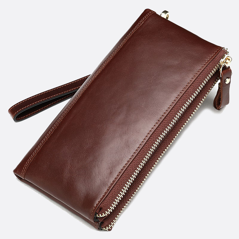 Genuine cowhide leather folded double zip wallet