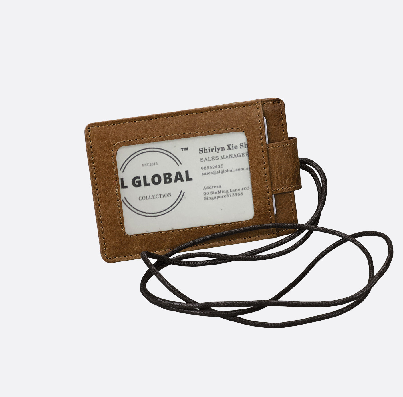 Buckle design genuine cowhide leather card holder with lanyard with RFID protection