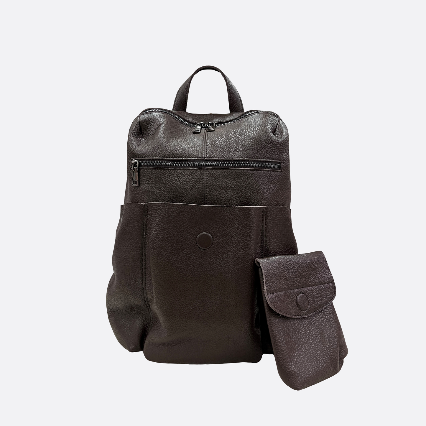 Snap design genuine cowhide leather backpack with strap pouch
