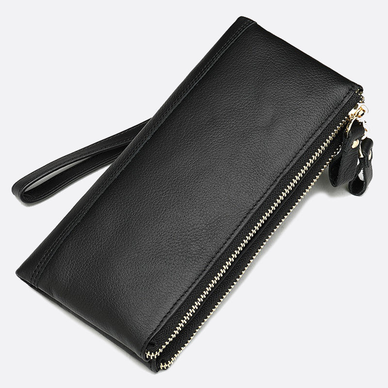 Genuine cowhide leather folded double zip wallet