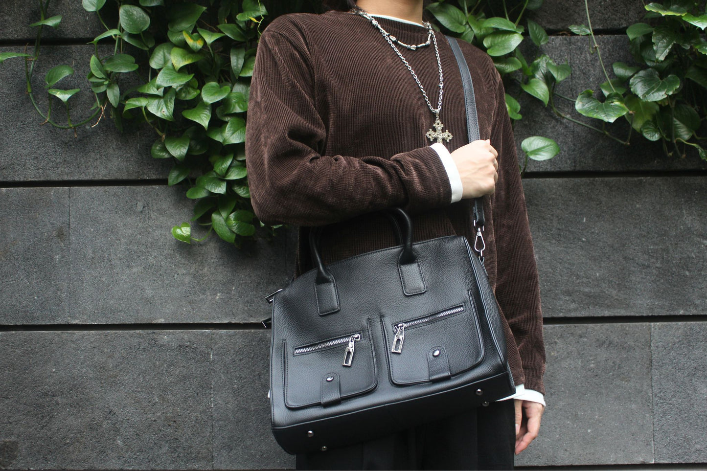 Poches design genuine cowhide leather top handle briefcase with strap
