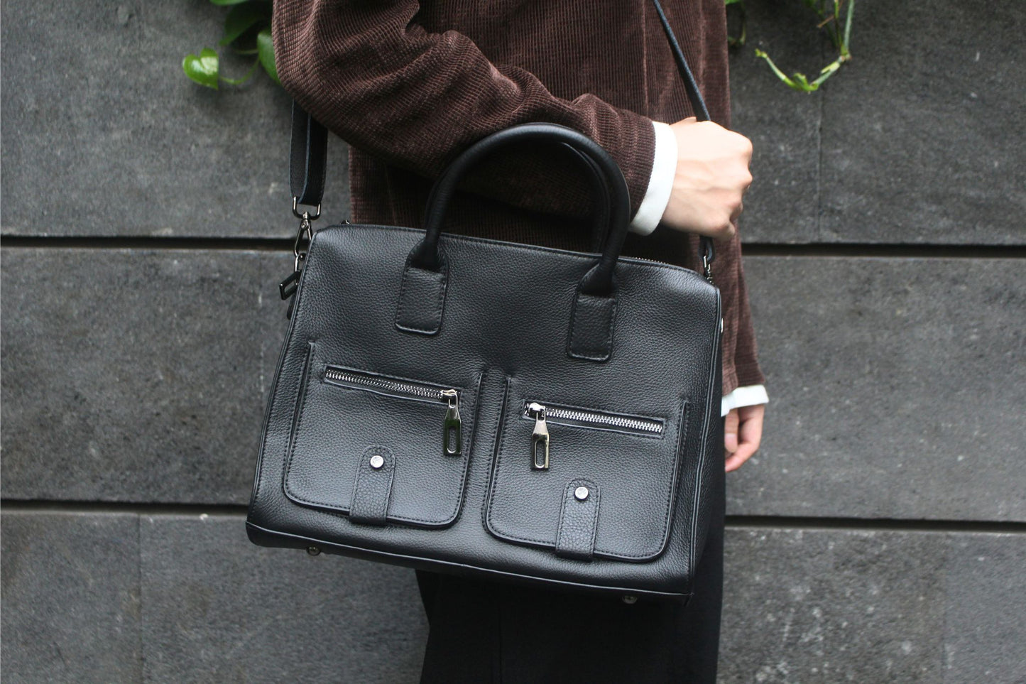 Poches design genuine cowhide leather top handle briefcase with strap