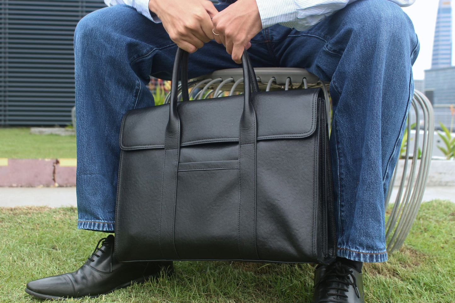 Flap design genuine cowhide leather travel briefcase