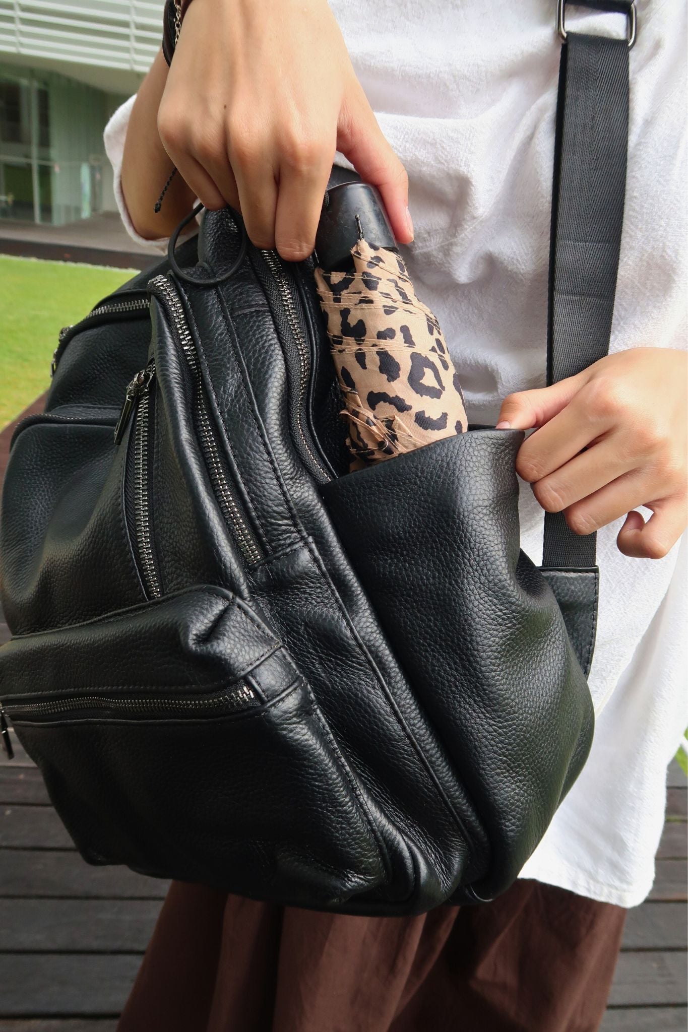 Multi zip design genuine cowhide leather backpack