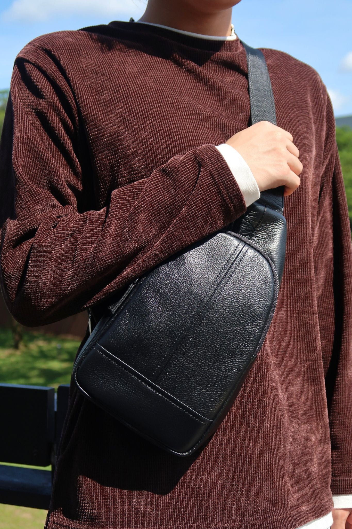 Seam design genuine cowhide leather fanny pack bag