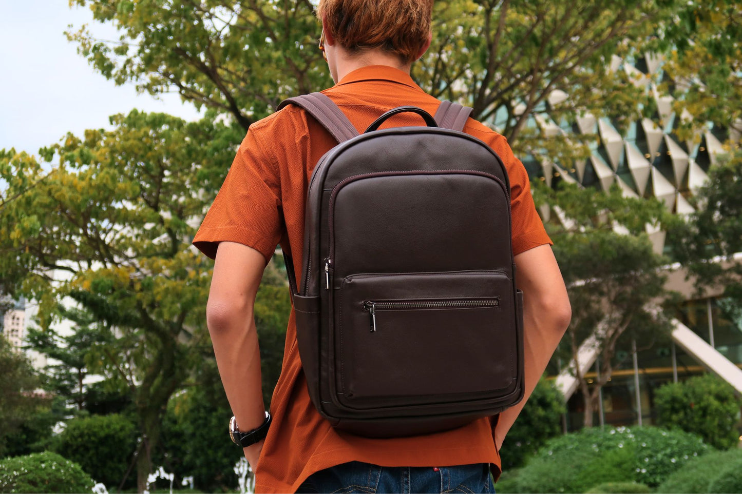 Multi zip V3 design genuine cowhide leather backpack with luggage/trolley sleeve
