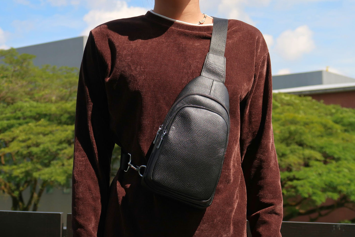 Double zip design genuine cowhide leather fanny pack bag