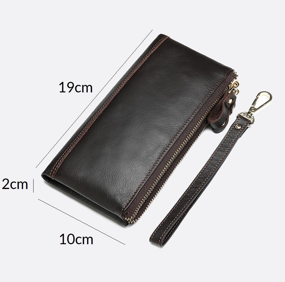 Genuine cowhide leather folded double zip wallet