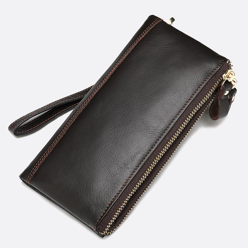 Genuine cowhide leather folded double zip wallet