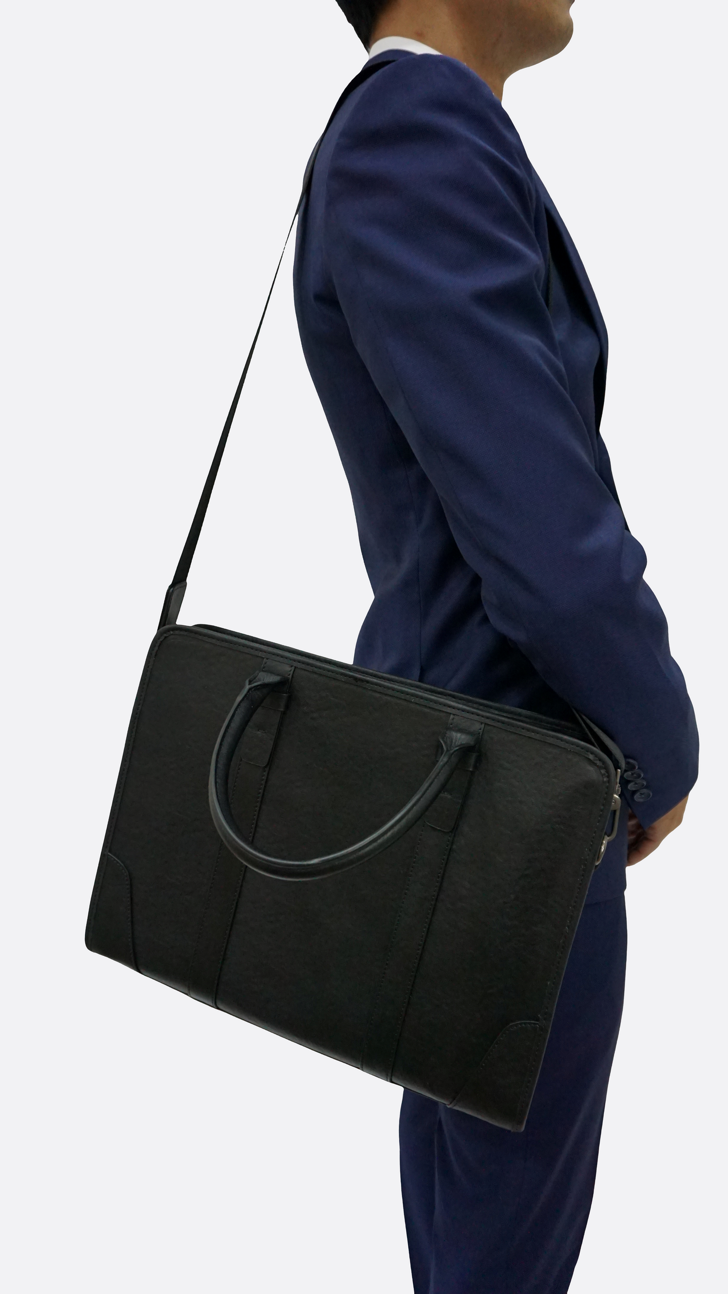 Double belt design genuine cowhide leather briefcase with sling