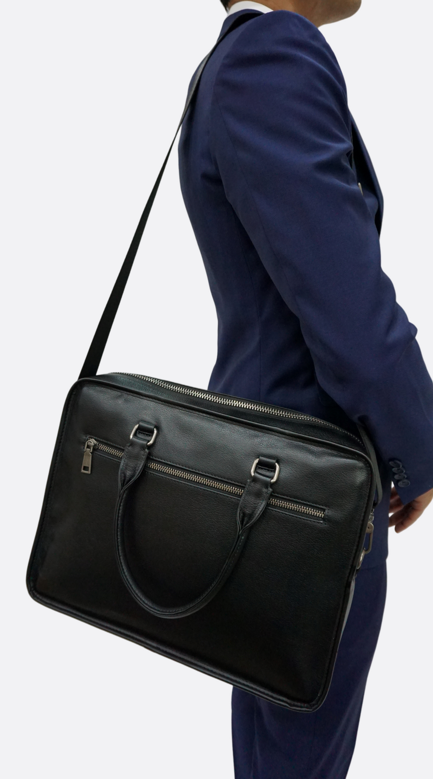 Zip design genuine cowhide leather travel briefcase with sling