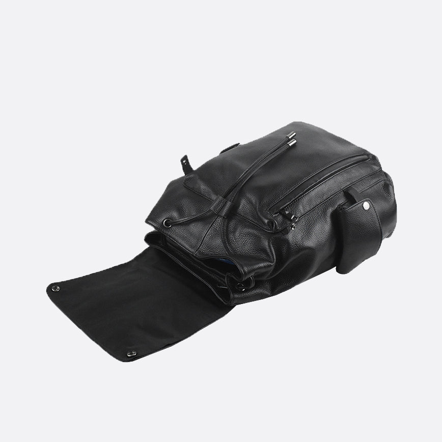 Drawstring flap design genuine cowhide leather backpack