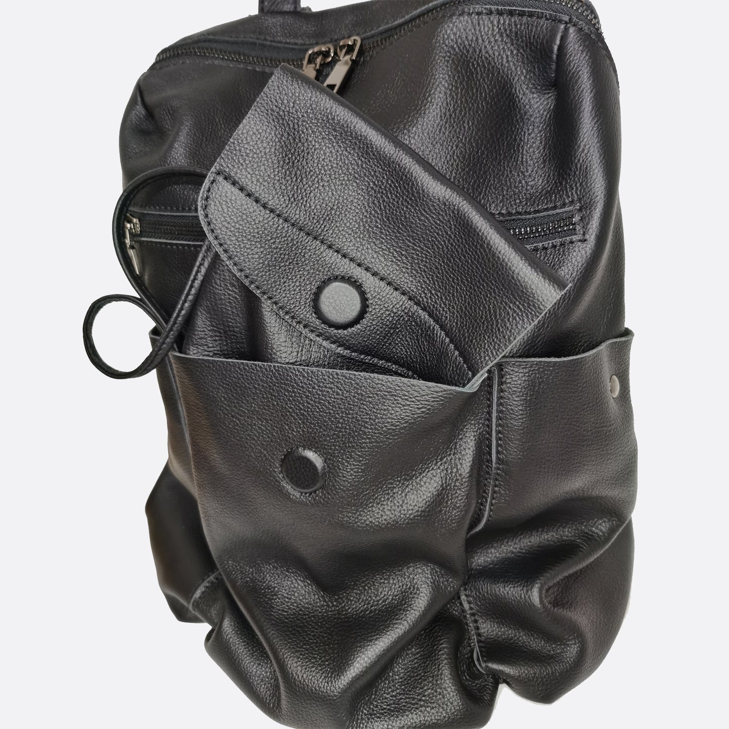 Snap design genuine cowhide leather backpack with strap pouch