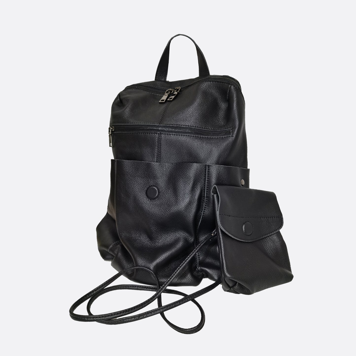 Snap design genuine cowhide leather backpack with strap pouch