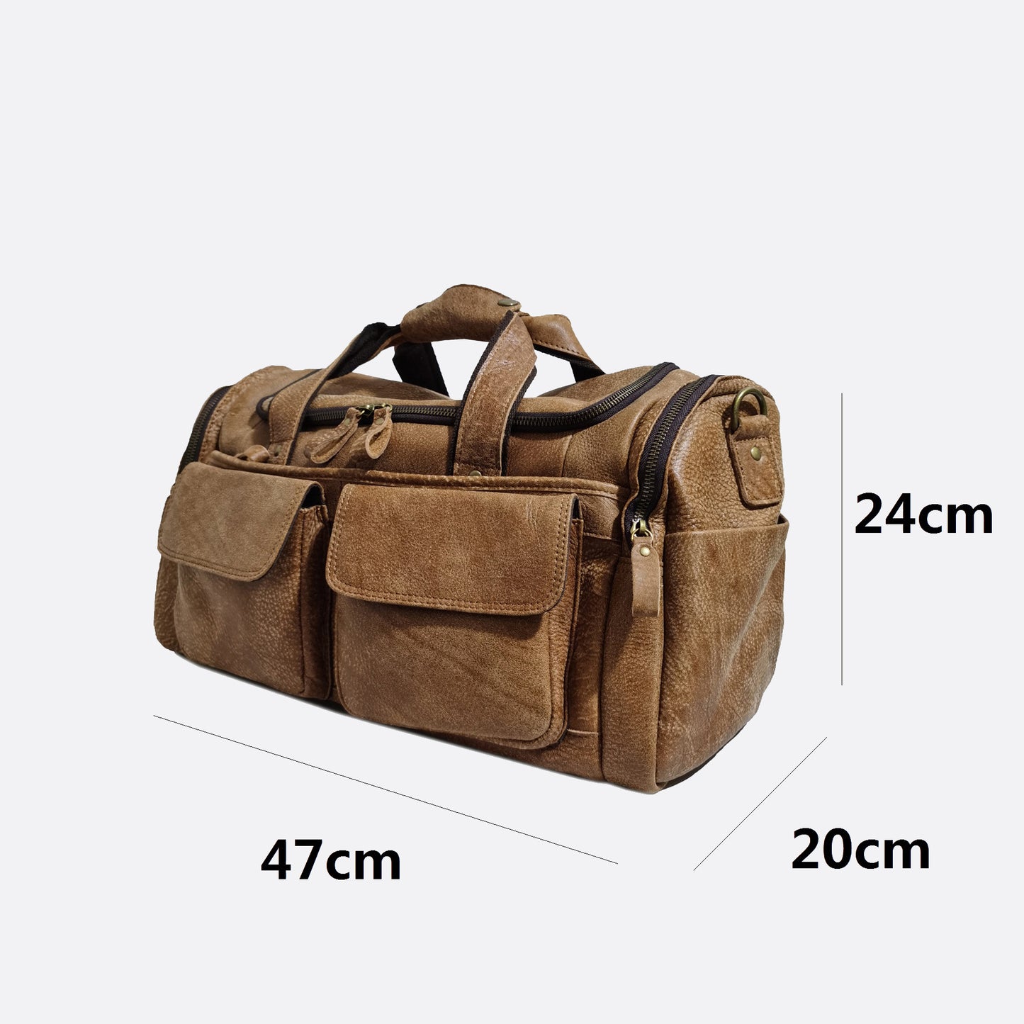 Poches design genuine cowhide leather duffel travel bag with strap