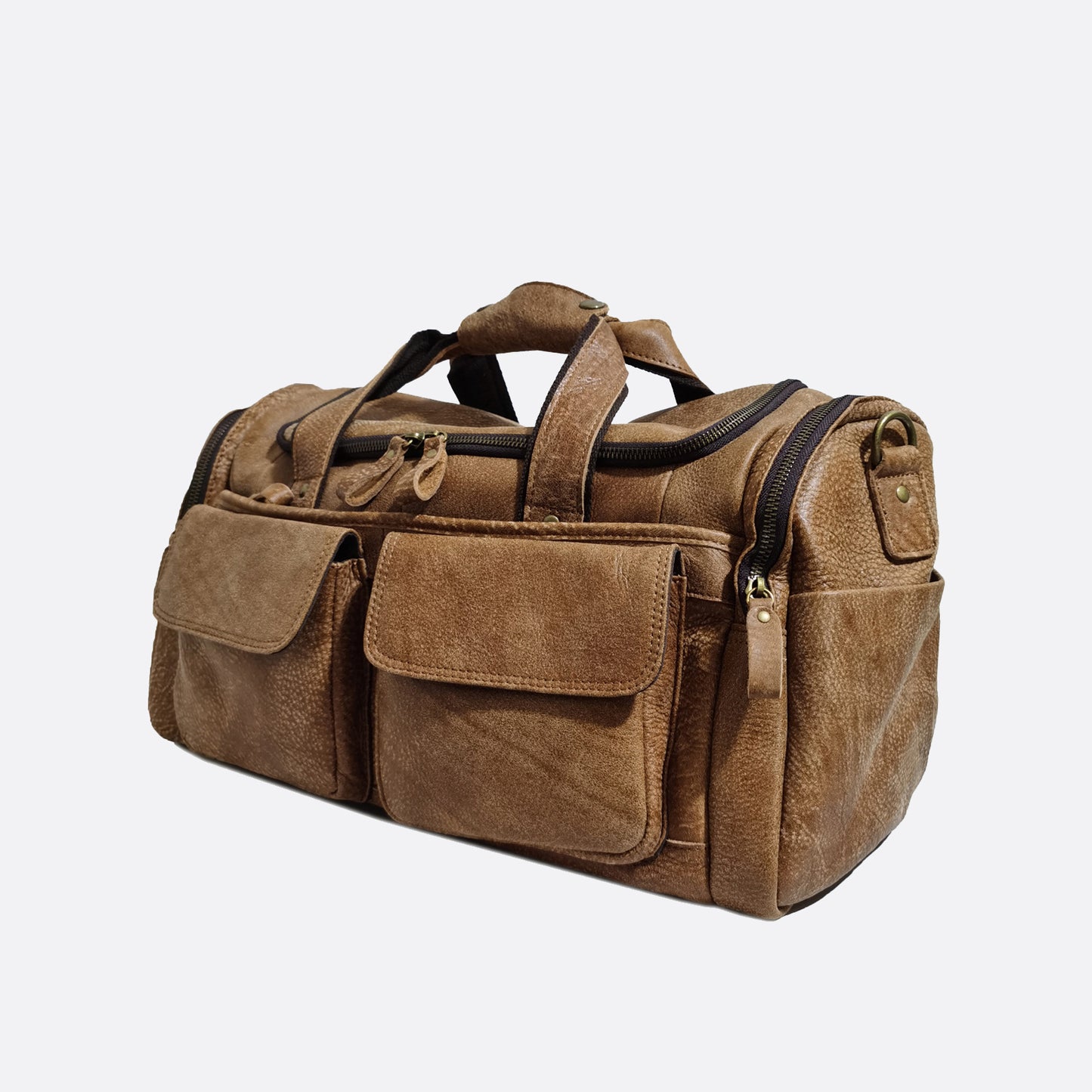 Poches design genuine cowhide leather duffel travel bag with strap