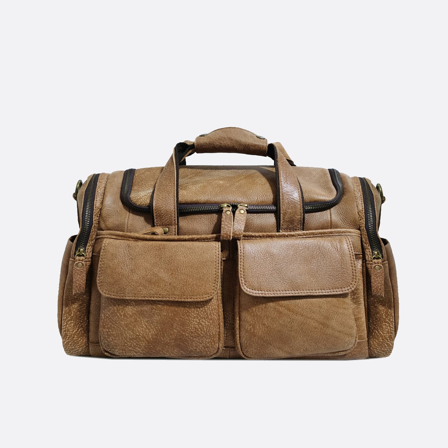 Poches design genuine cowhide leather duffel travel bag with strap