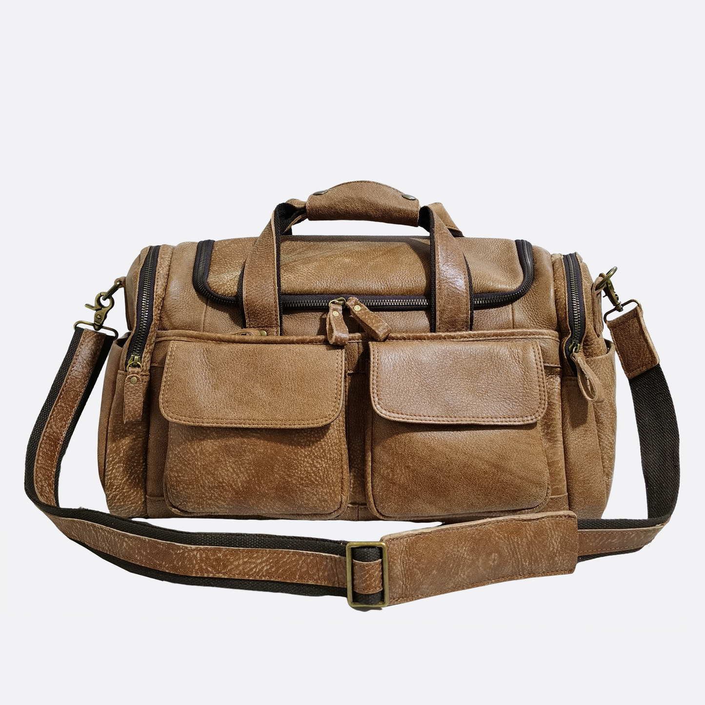 Poches design genuine cowhide leather duffel travel bag with strap
