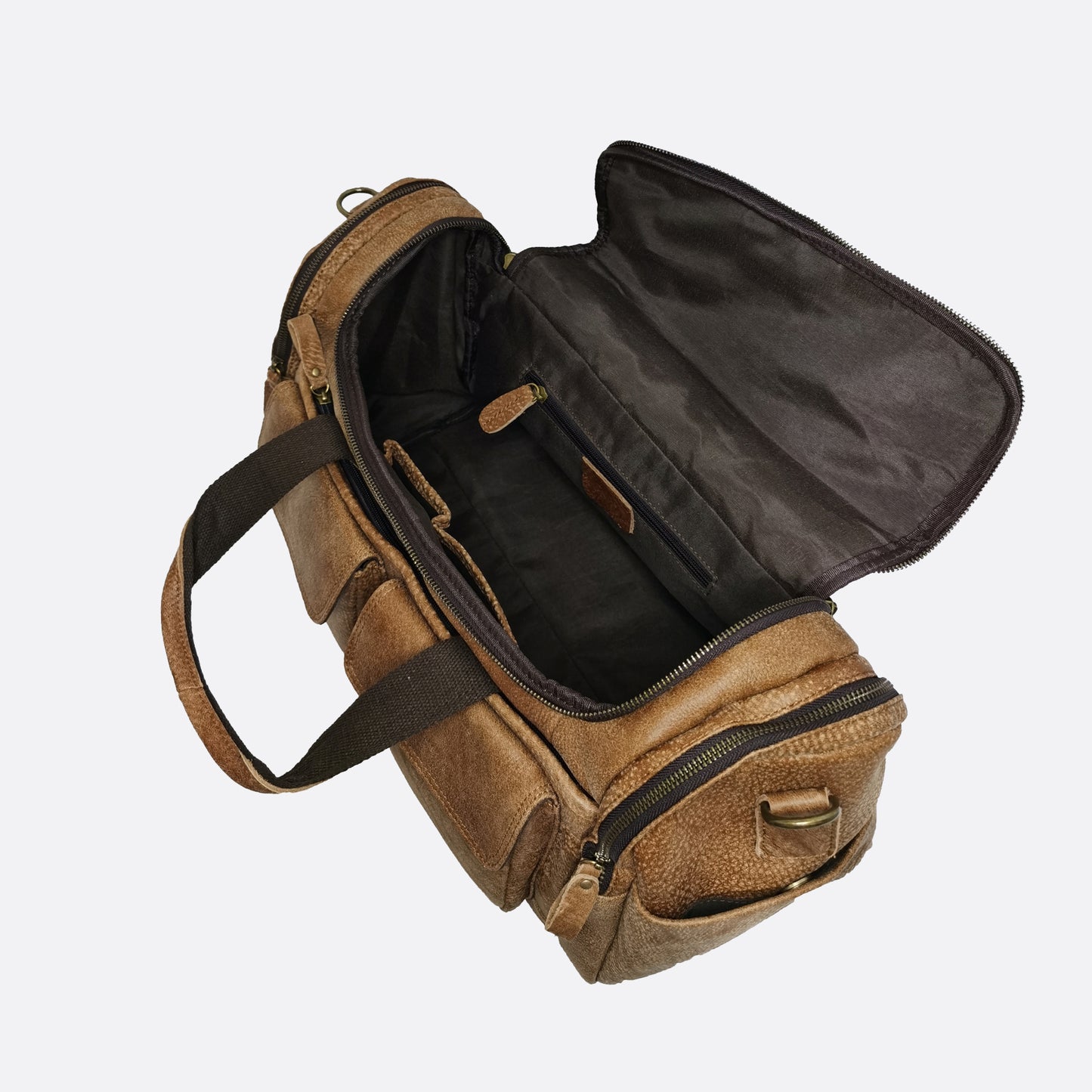 Poches design genuine cowhide leather duffel travel bag with strap
