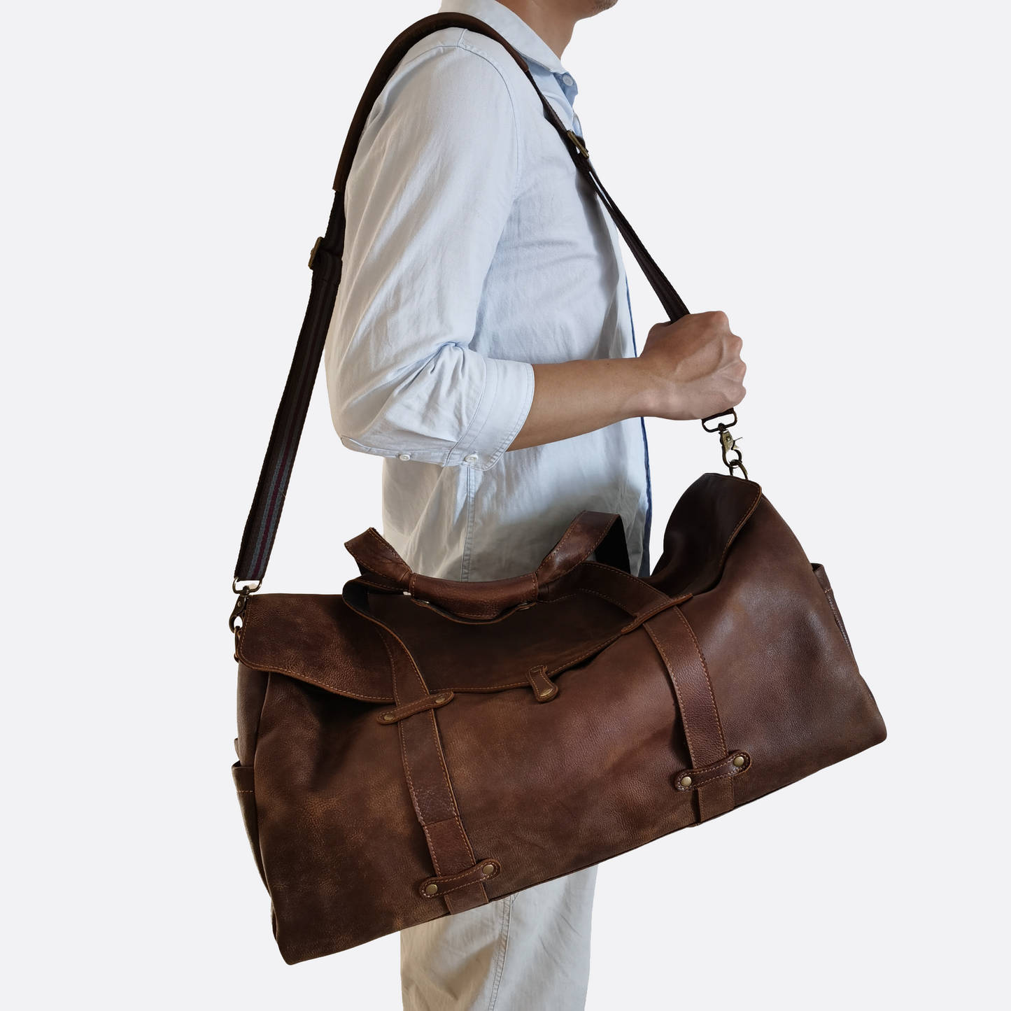 Vintage design genuine cowhide leather duffel travel bag