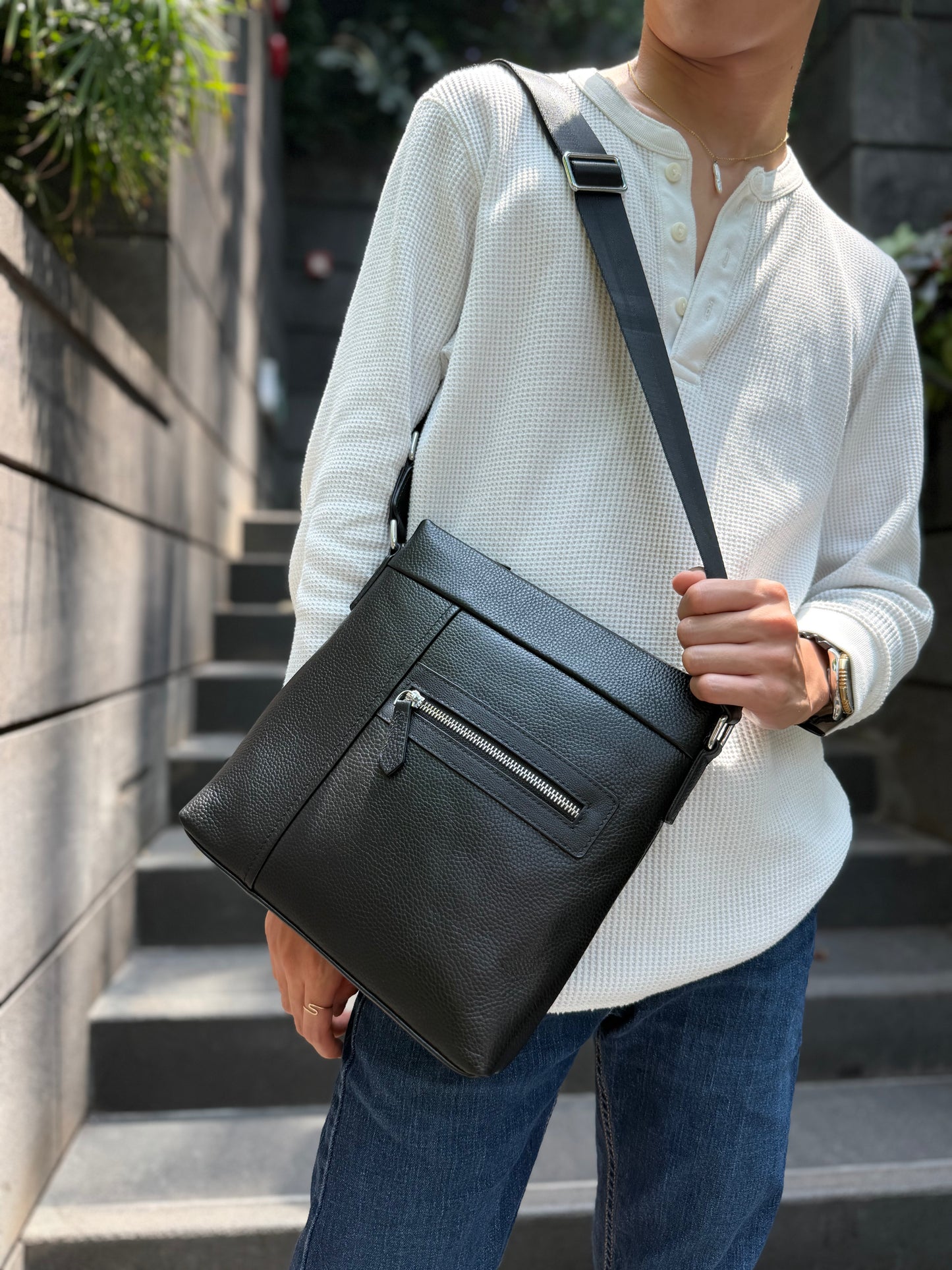 Multi zip design genuine cowhide leather sling bag