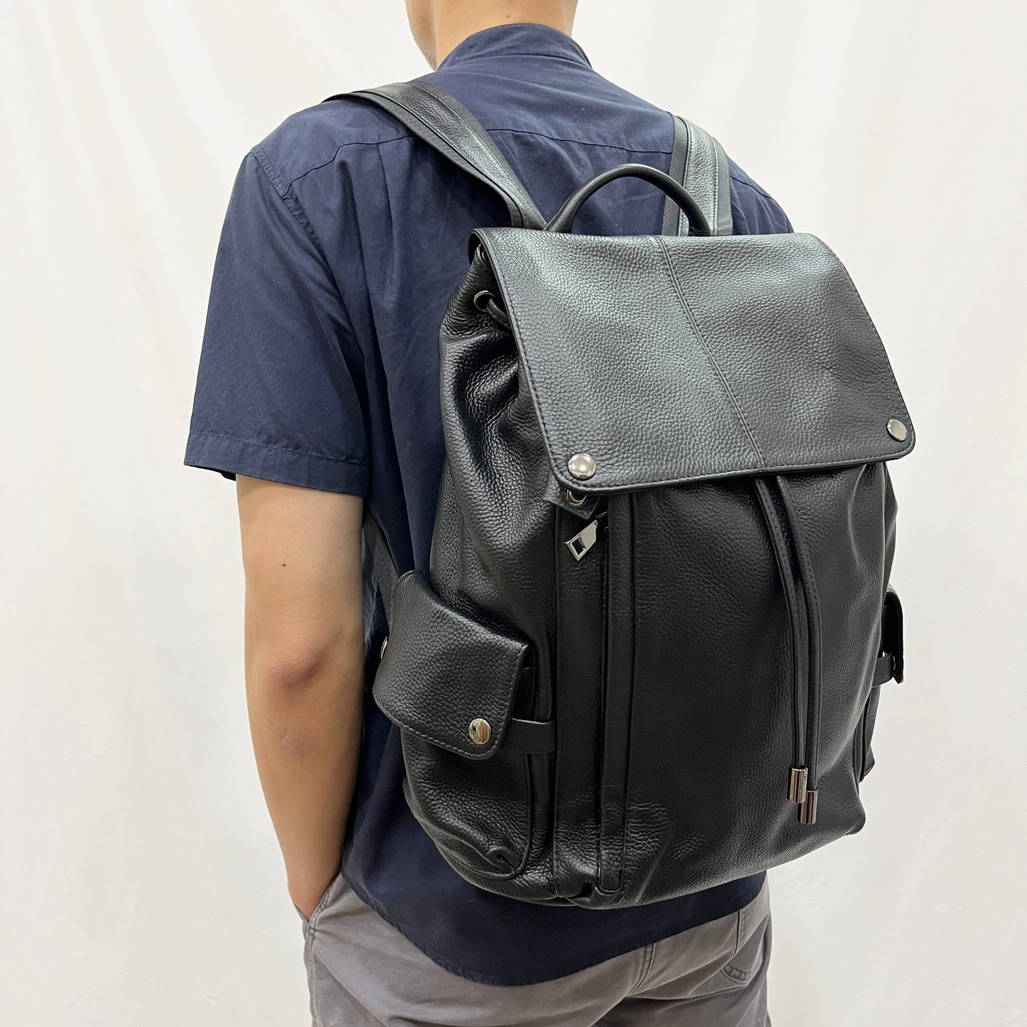 Drawstring flap design genuine cowhide leather backpack