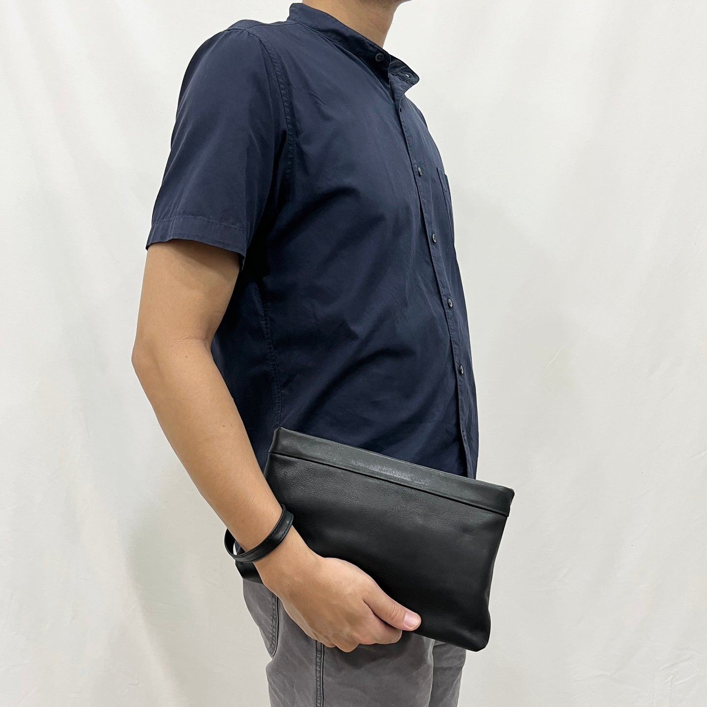 Genuine cowhide leather hand clutch with wrist strap