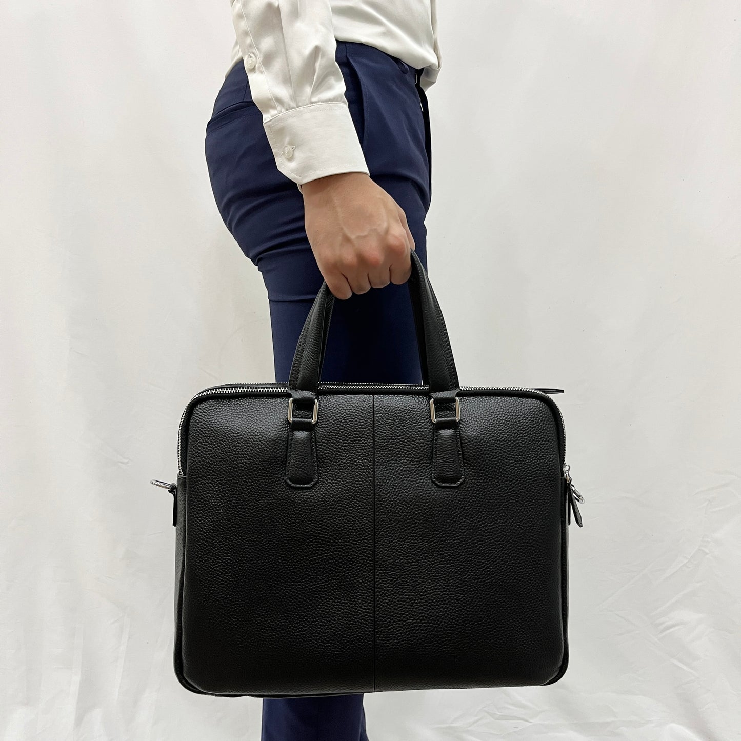 Triple zip design cowhide leather briefcase with sling