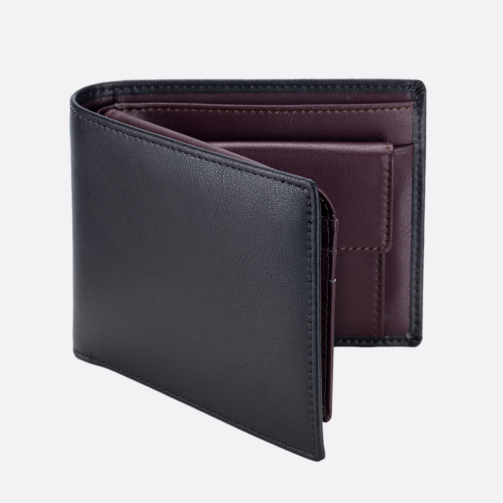 Genuine cowhide leather flap wallet with coin pouch