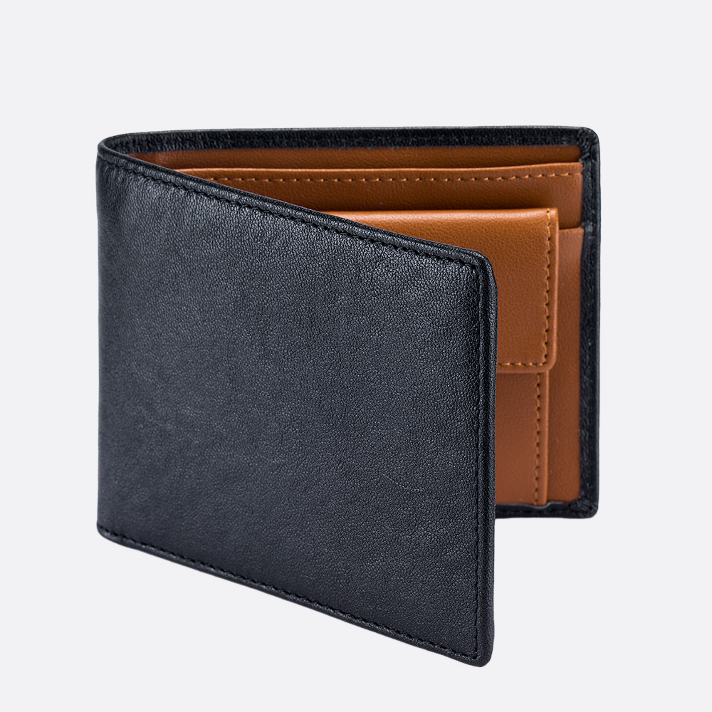 Genuine cowhide leather flap wallet with coin pouch