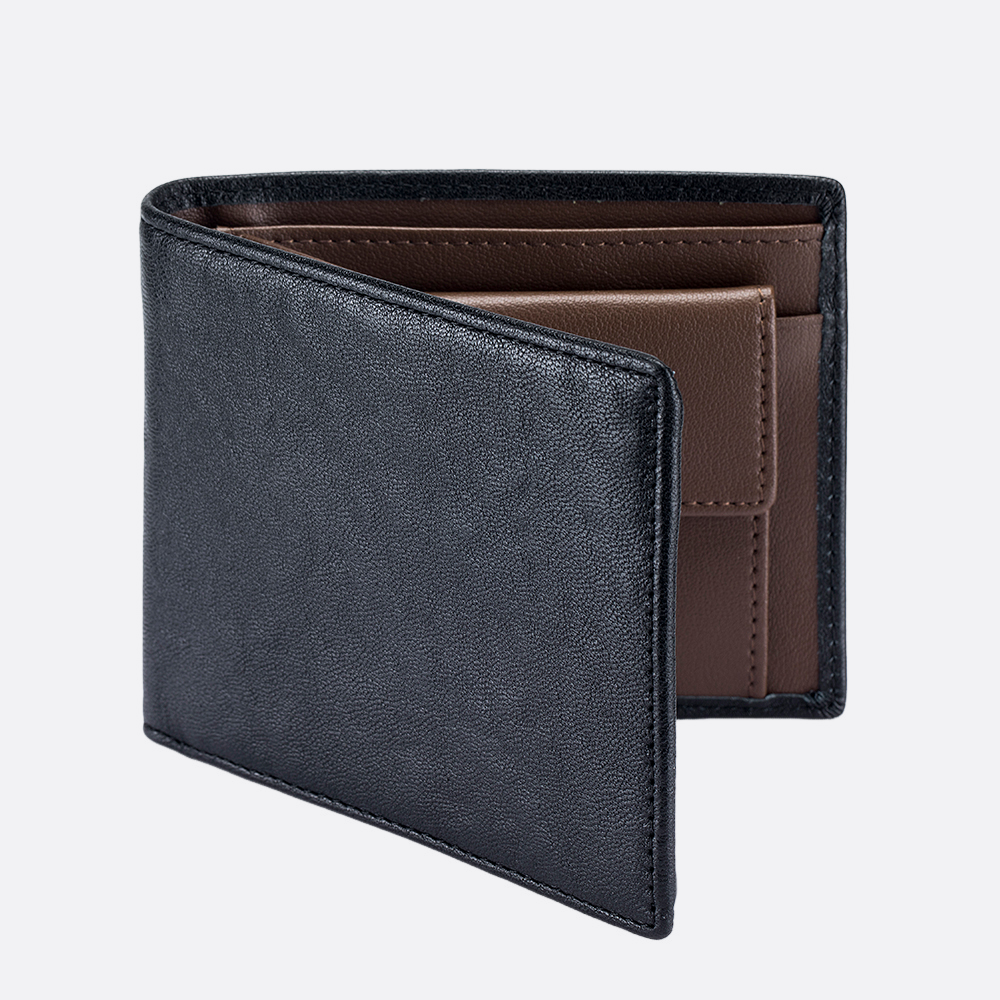 Genuine cowhide leather flap wallet with coin pouch