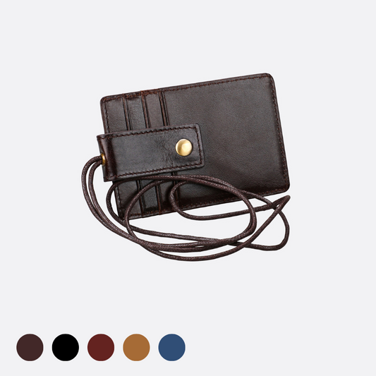 Buckle design genuine cowhide leather card holder with lanyard with RFID protection