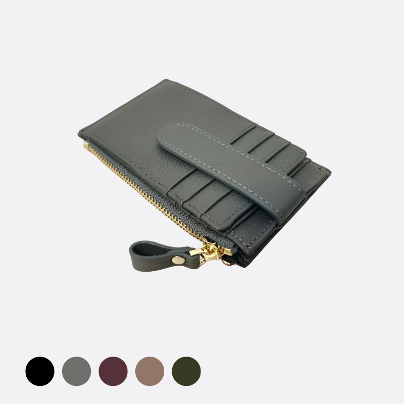 Genuine cowhide leather cowhide leather card holder with buckle and zip