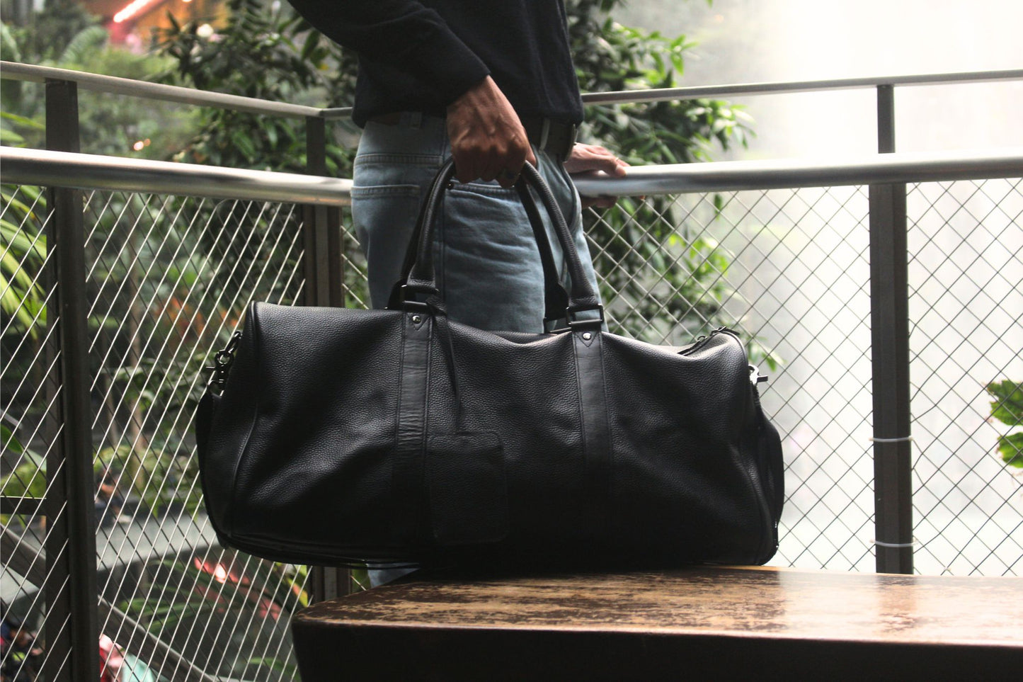 Barrel design genuine cowhide leather duffel travel bag