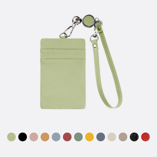 Genuine cowhide leather card holder with lanyard and retractable reel