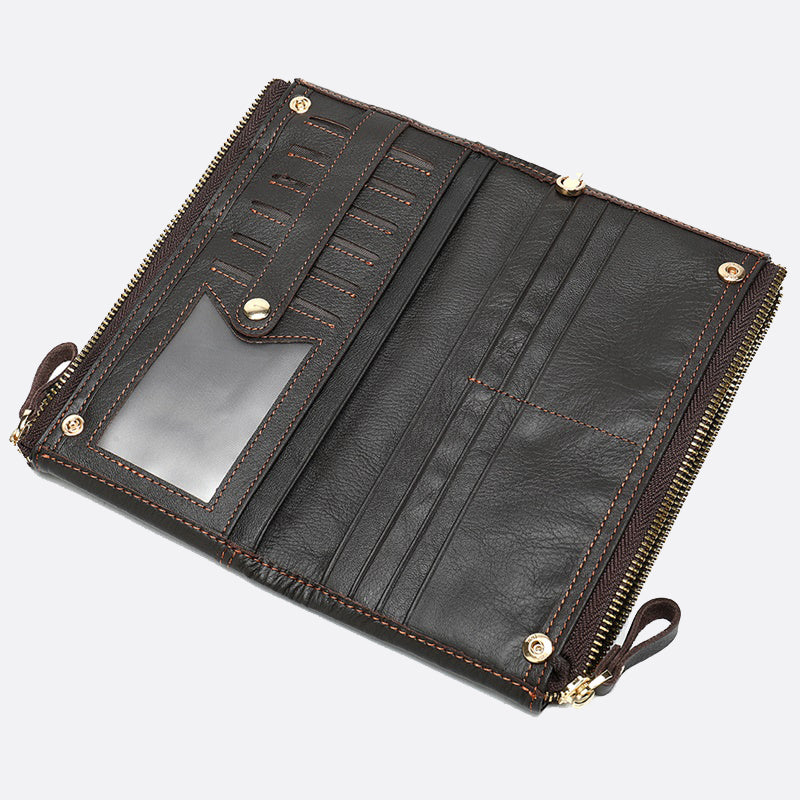 Genuine cowhide leather folded double zip wallet