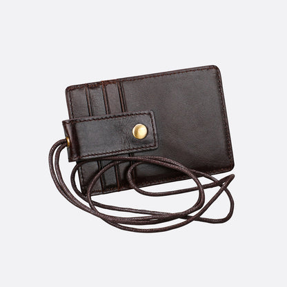 Buckle design genuine cowhide leather lanyard with RFID protection and card slots