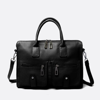 Poches design genuine cowhide leather top handle briefcase with strap