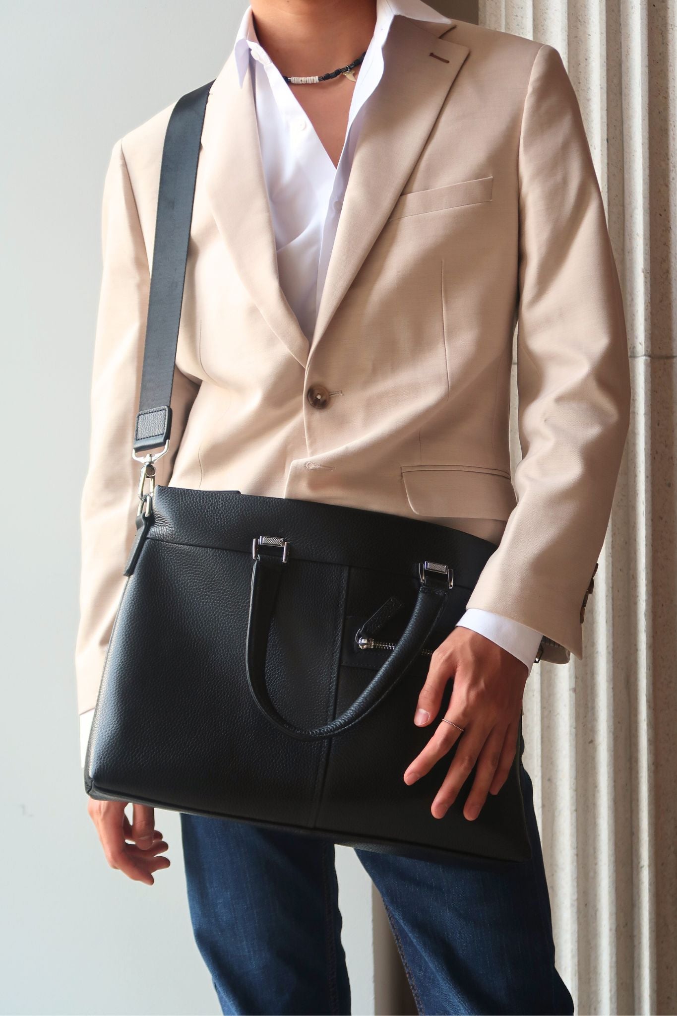 Multi zip design genuine cowhide leather slim briefcase with sling