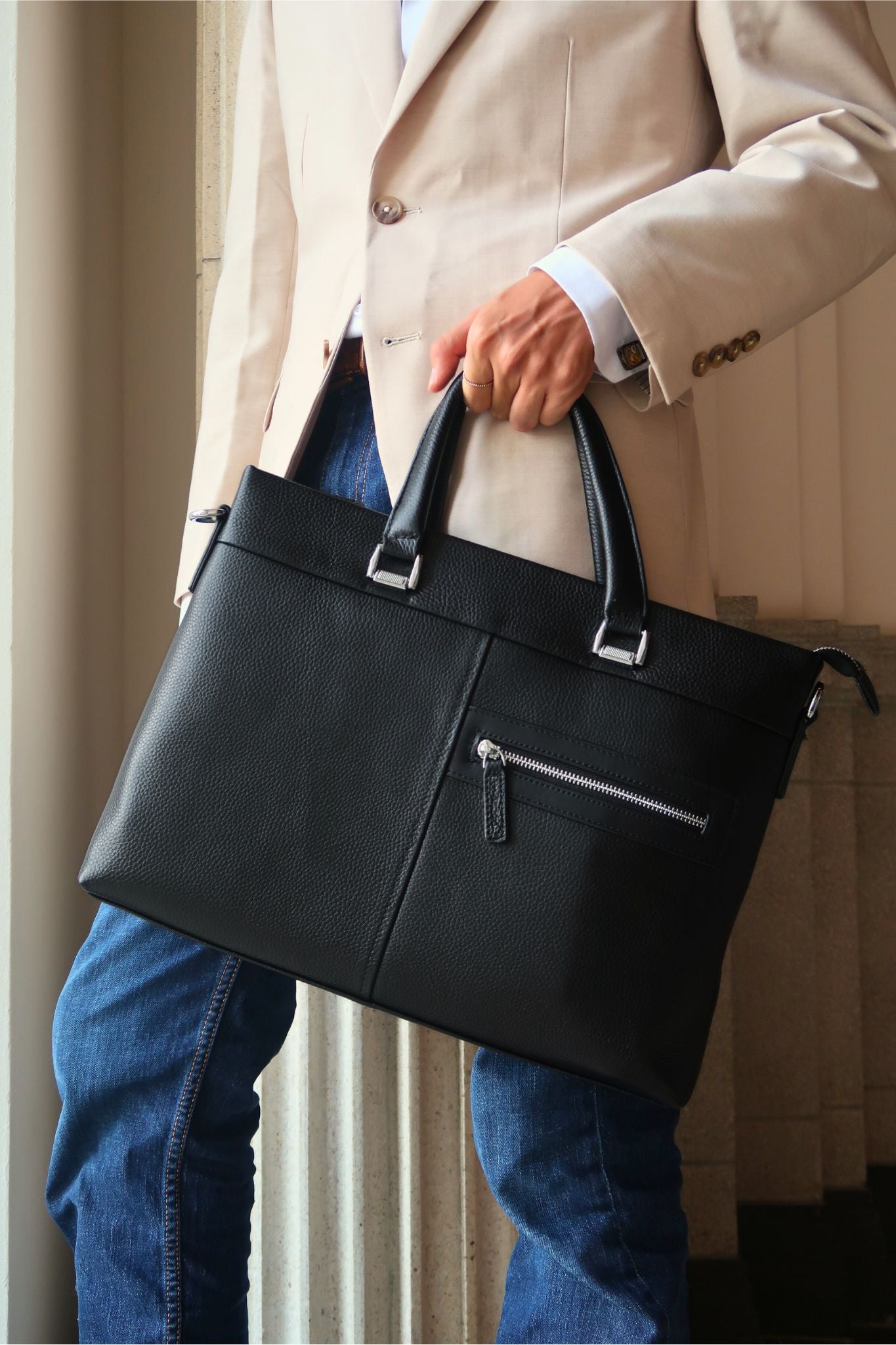Multi zip design genuine cowhide leather slim briefcase with sling