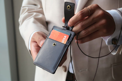 Buckle design genuine cowhide leather card holder with lanyard with RFID protection