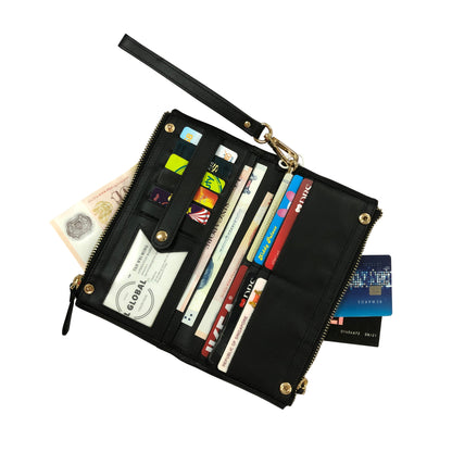 Genuine cowhide leather folded double zip wallet