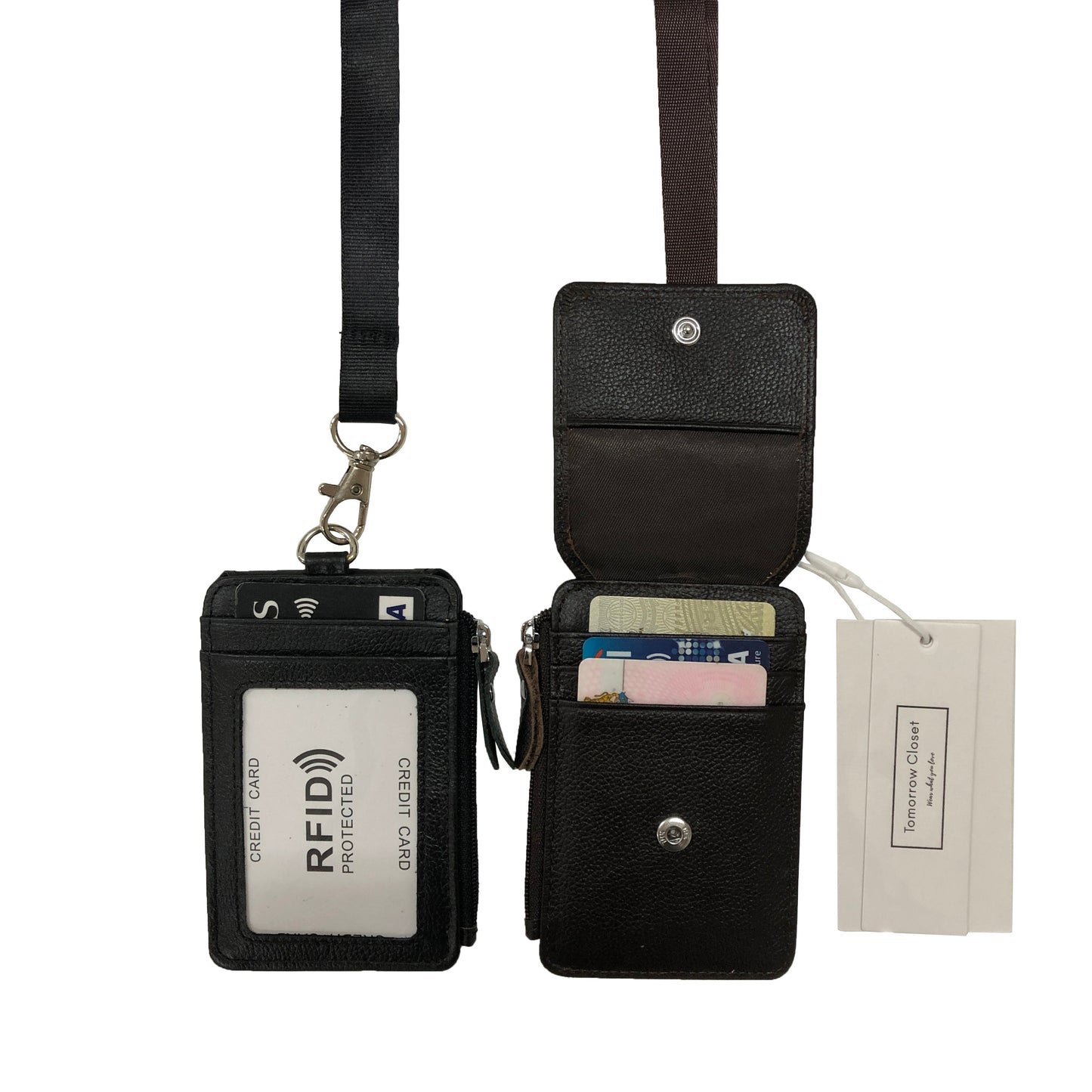 Flap design genuine cowhide leather lanyard with zip and RFID protection