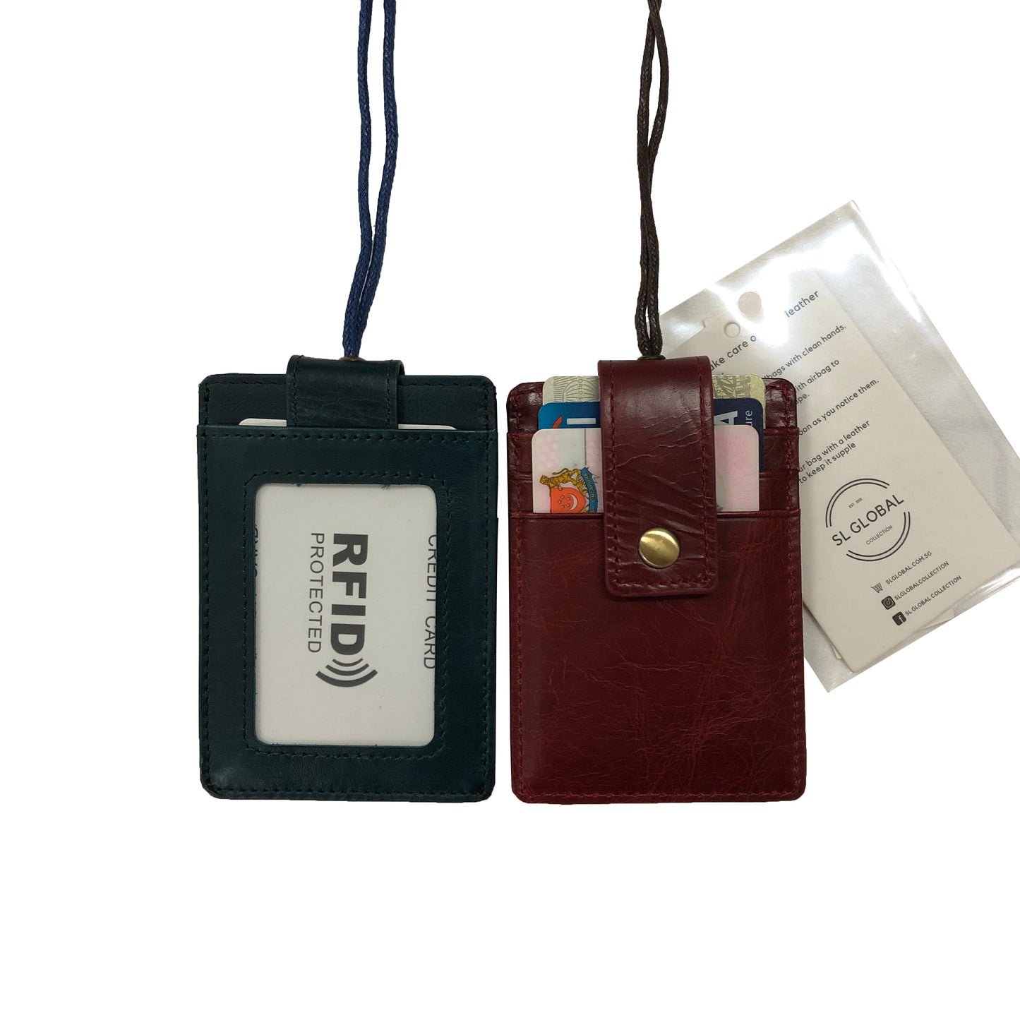 Buckle design genuine cowhide leather lanyard with RFID protection and card slots