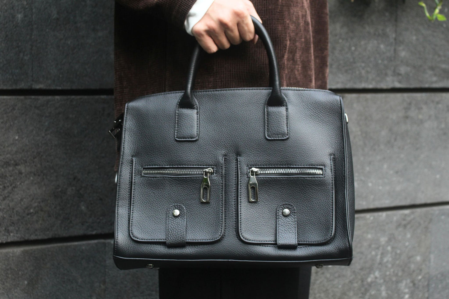 Poches design genuine cowhide leather top handle briefcase with strap