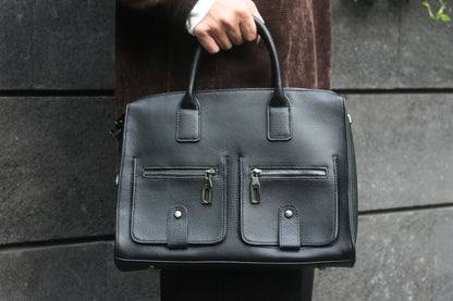 Poches design genuine cowhide leather top handle briefcase with strap