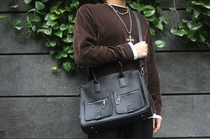 Poches design genuine cowhide leather top handle briefcase with strap