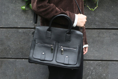 Poches design genuine cowhide leather top handle briefcase with strap