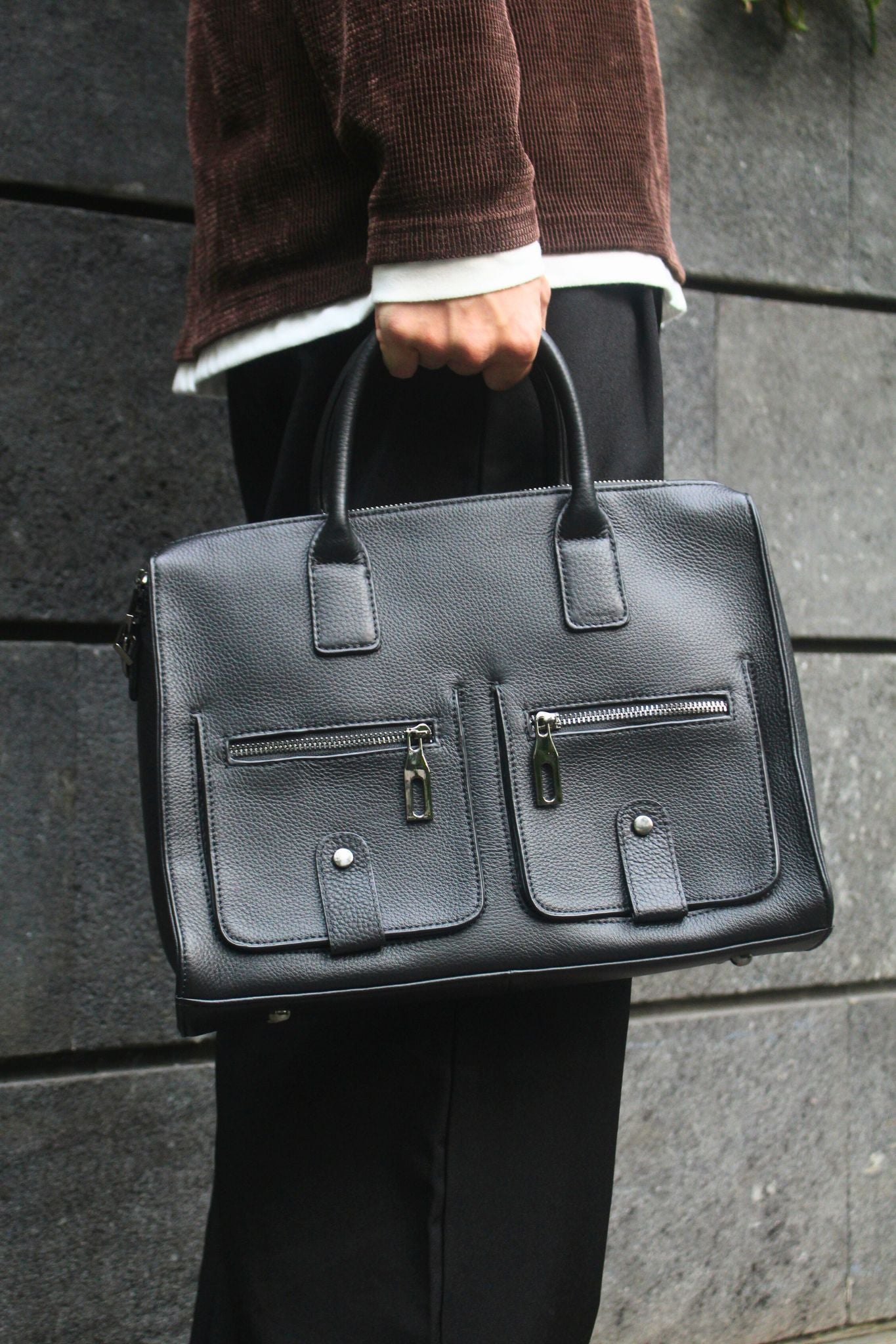Poches design genuine cowhide leather top handle briefcase with strap