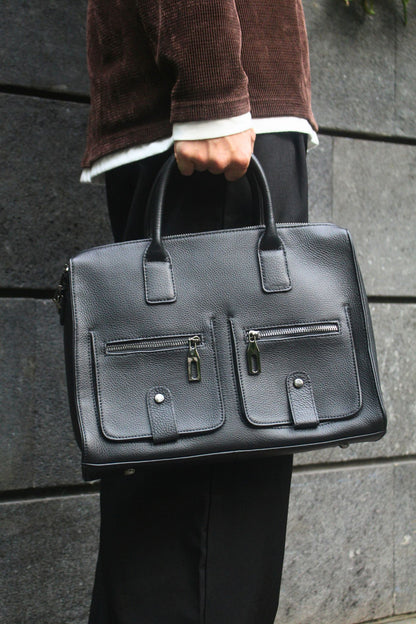 Poches design genuine cowhide leather top handle briefcase with strap